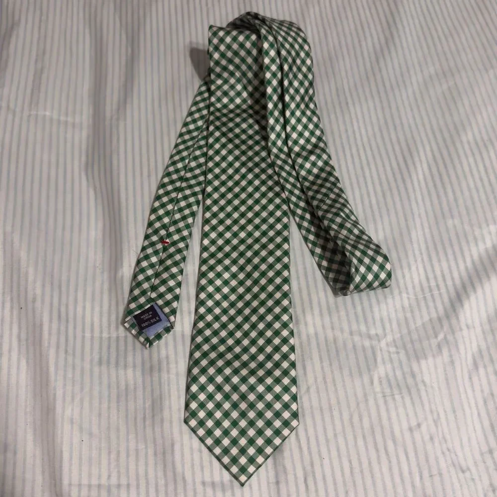 Tommy Hilfiger Men's Green and White Gingham Check 100% Silk Necktie #preppy